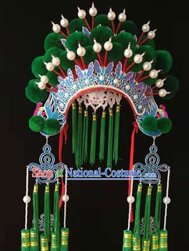 Chinese Peking Opera Wedding Hair Accessories Beijing Opera Hua Tan Hat Traditional Opera Actress Green Pompon Helmet