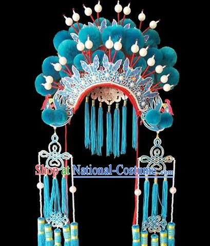 Chinese Traditional Opera Actress Blue Pompon Helmet Headdress Peking Opera Wedding Hair Accessories Beijing Opera Hua Tan Hat