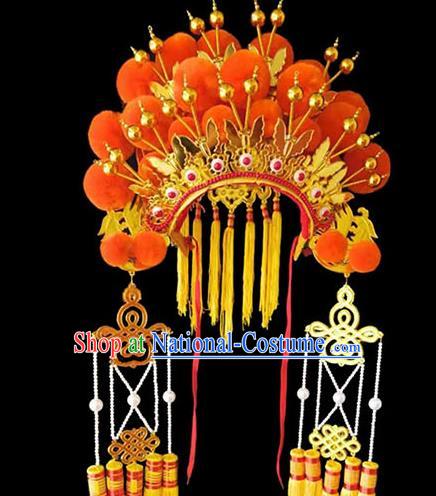 Chinese Beijing Opera Diva Phoenix Hat Traditional Opera Actress Orange Pompon Helmet Peking Opera Hua Tan Headdress