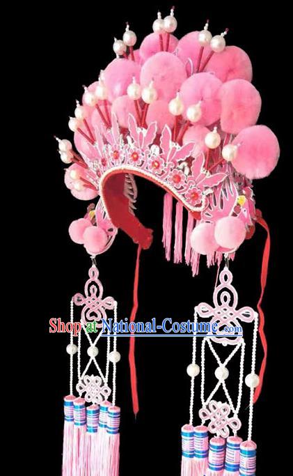 Chinese Peking Opera Hua Tan Headdress Beijing Opera Diva Phoenix Hat Traditional Opera Actress Pink Pompon Helmet