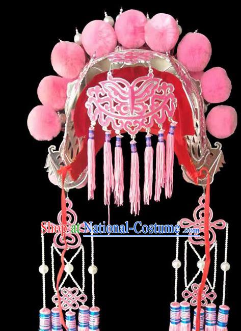 Chinese Peking Opera Hua Tan Headdress Beijing Opera Diva Phoenix Hat Traditional Opera Actress Pink Pompon Helmet