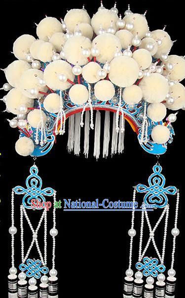 Chinese Beijing Opera Hua Tan Phoenix Hat Traditional Opera Bride White Pompon Helmet Peking Opera Wedding Headdress