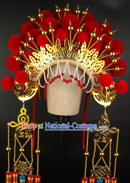 Chinese Peking Opera Wedding Headdress Beijing Opera Hua Tan Phoenix Hat Traditional Opera Bride Red Pompon Helmet