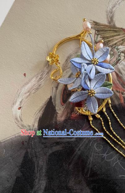 Handmade Chinese Ming Dynasty Princess Blue Silk Flowers Ear Accessories Ancient Palace Lady Pearls Tassel Earrings