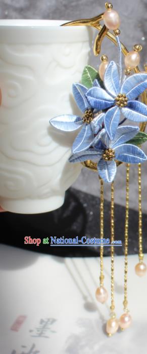 Handmade Chinese Ming Dynasty Princess Blue Silk Flowers Ear Accessories Ancient Palace Lady Pearls Tassel Earrings