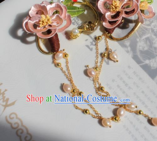 Handmade Chinese Ancient Palace Lady Pearls Tassel Earrings Ming Dynasty Princess Pink Silk Flowers Ear Accessories