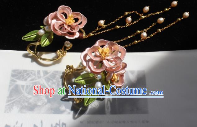 Handmade Chinese Ancient Palace Lady Pearls Tassel Earrings Ming Dynasty Princess Pink Silk Flowers Ear Accessories