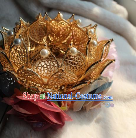 China Song Dynasty Imperial Consort Flower Hairpin Traditional Hanfu Hair Accessories Ancient Court Woman Golden Lotus Hair Crown