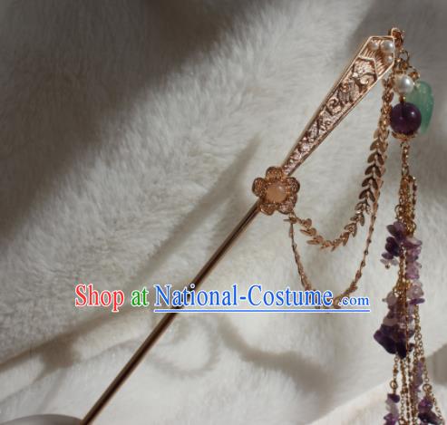 China Tang Dynasty Empress Golden Hairpin Traditional Hanfu Hair Accessories Ancient Princess Amethyst Tassel Hair Stick