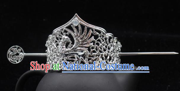 Chinese Ancient Noble Childe Headpieces Traditional Tang Dynasty Swordsman Argent Hair Crown and Hairpin