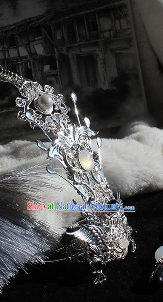 Chinese Ancient Royal Prince Headpieces Traditional Jin Dynasty Swordsman Argent Hair Crown and Tassel Hairpin