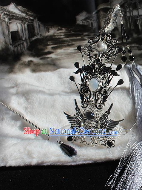 Chinese Ancient Royal Prince Headpieces Traditional Jin Dynasty Swordsman Argent Hair Crown and Tassel Hairpin