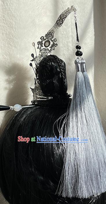 Chinese Ancient Royal Prince Headpieces Traditional Jin Dynasty Swordsman Argent Hair Crown and Tassel Hairpin