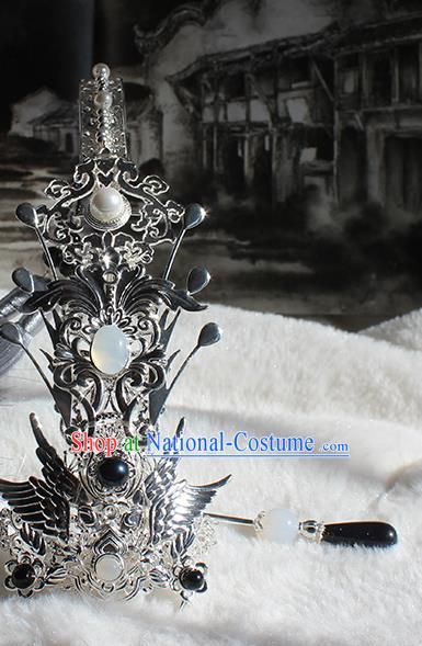 Chinese Ancient Royal Prince Headpieces Traditional Jin Dynasty Swordsman Argent Hair Crown and Tassel Hairpin