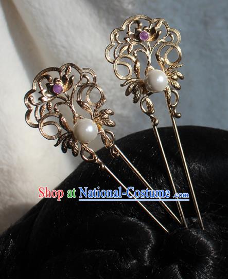 China Tang Dynasty Queen Pearl Hairpin Traditional Hanfu Hair Accessories Ancient Imperial Consort Golden Lotus Hair Stick