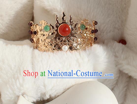 Chinese Ancient Emperor Headpieces Traditional Jin Dynasty Noble Childe Golden Flame Hair Crown and Hairpin Headdress