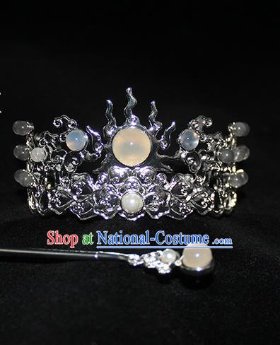 Chinese Ancient Swordsman Headpieces Traditional Jin Dynasty Prince Argent Flame Hair Crown and Chalcedony Hairpin