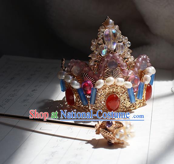 China Tang Dynasty Empress Gems Phoenix Coronet Traditional Hanfu Wedding Hair Accessories Ancient Princess Golden Hair Crown