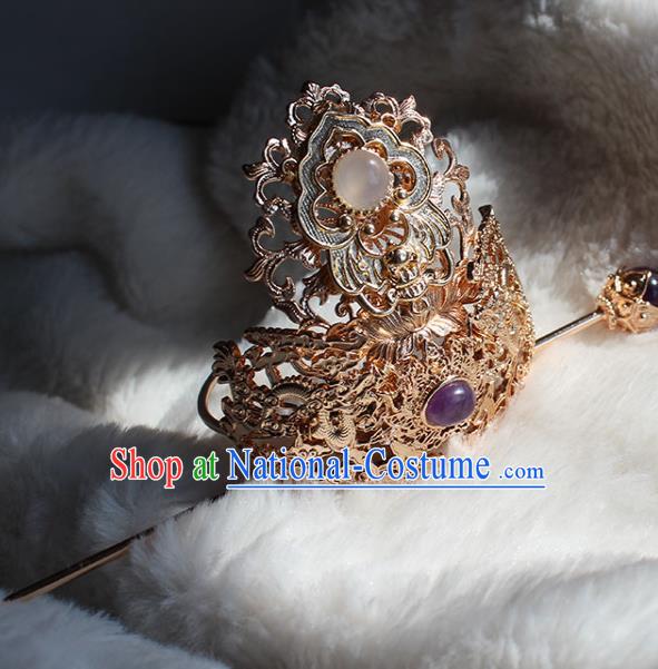 Chinese Ancient Noble Prince Headpieces Traditional Tang Dynasty Swordsman Golden Hair Crown and Hairpin