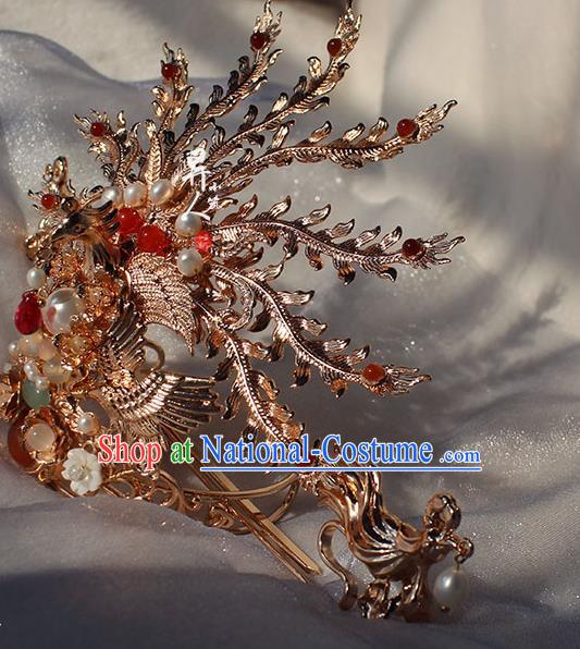 China Ming Dynasty Empress Phoenix Coronet Traditional Hanfu Wedding Hair Accessories Ancient Bride Golden Hair Crown