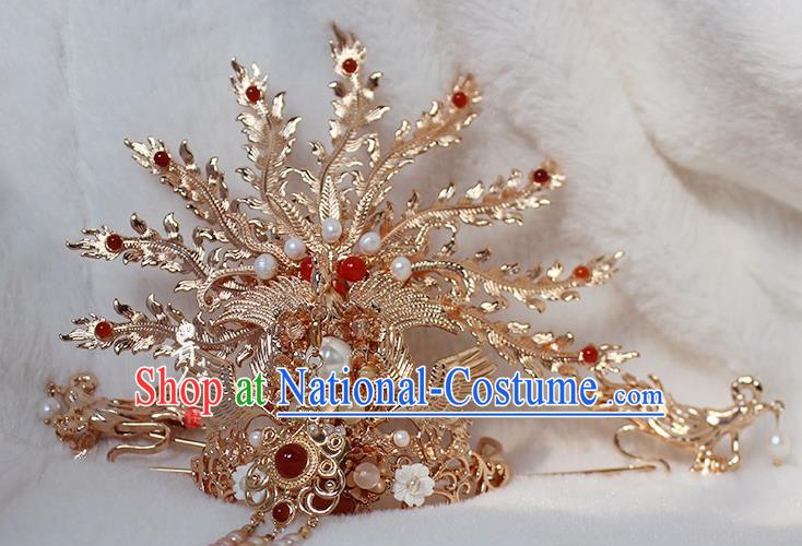 China Ming Dynasty Empress Phoenix Coronet Traditional Hanfu Wedding Hair Accessories Ancient Bride Golden Hair Crown