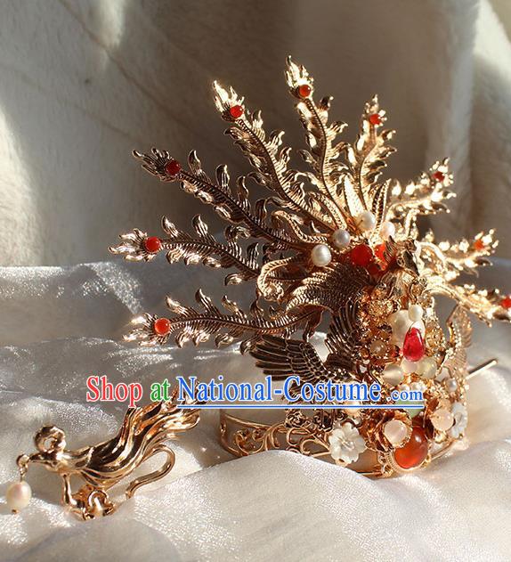 China Ming Dynasty Empress Phoenix Coronet Traditional Hanfu Wedding Hair Accessories Ancient Bride Golden Hair Crown