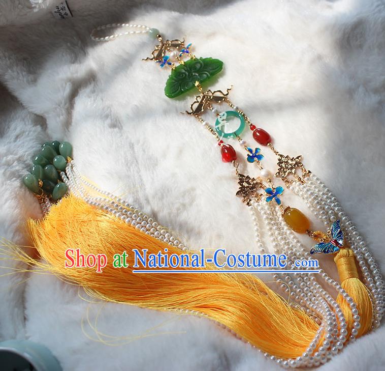 Handmade Chinese Ancient Princess Pearls Tassel Belt Pendant Ming Dynasty Empress Jade Lotus Waist Accessories