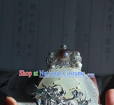 Chinese Ancient Royal Prince Headpieces Traditional Ming Dynasty Imperial Guards Jade Hair Crown and Argent Hairpin