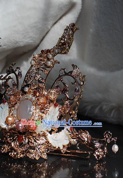 Chinese Ancient Royal King Headpieces Traditional Jin Dynasty Prince Golden Hair Crown and Long Tassel Hairpins