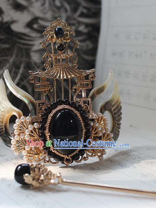 Chinese Ancient Dragon Prince Headpieces Traditional Jin Dynasty Emperor Shell Wings Hair Crown and Hairpin