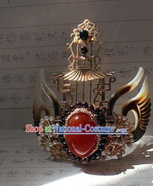 Chinese Traditional Jin Dynasty Emperor Shell Wings Hair Crown and Hairpin Ancient Dragon Prince Agate Headpieces