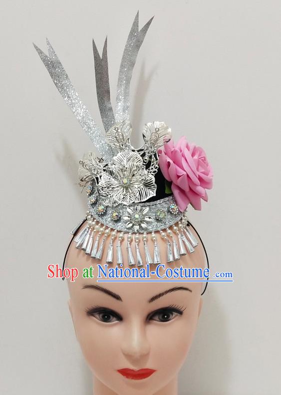 China Miao Nationality Silver Hair Crown Ethnic Folk Dance Hair Accessories Hmong Minority Performance Headdress