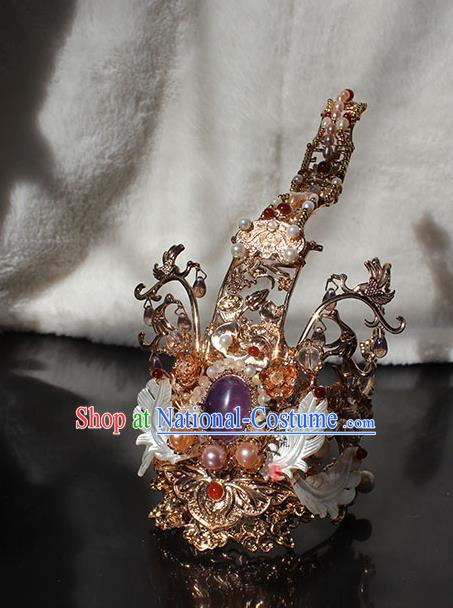 Chinese Traditional Jin Dynasty Prince Golden Hair Crown and Hairpin Ancient Royal King Amethyst Headpieces