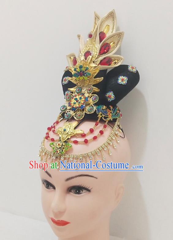 Chinese Woman Group Dance Hair Accessories Traditional Dunhuang Flying Dance Hairpieces Classical Dance Wigs