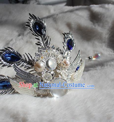 Chinese Ancient Swordsman Blue Crystal Headpieces Traditional Ming Dynasty Royal Highness Argent Hair Crown and Hairpin