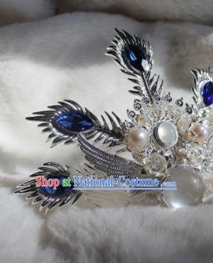 Chinese Ancient Swordsman Blue Crystal Headpieces Traditional Ming Dynasty Royal Highness Argent Hair Crown and Hairpin