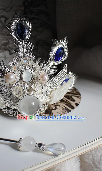 Chinese Ancient Swordsman Blue Crystal Headpieces Traditional Ming Dynasty Royal Highness Argent Hair Crown and Hairpin