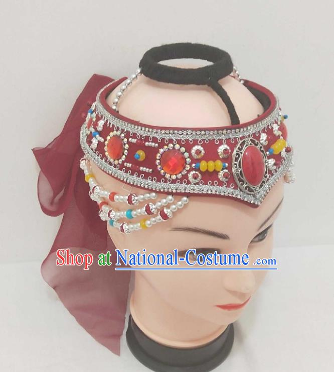 China Mongolian Minority Performance Headpiece Mongol Nationality Red Headband Ethnic Folk Dance Hair Accessories