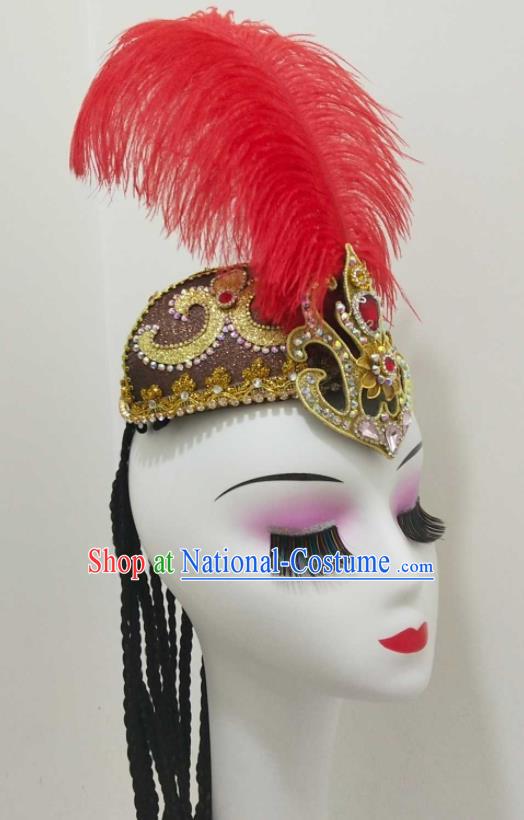 China Uyghur Nationality Red Feather Hat Xinjiang Ethnic Folk Dance Hair Accessories Uyghur Minority Performance Headwear