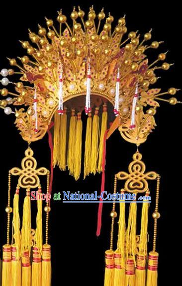 Chinese Peking Opera Hua Tan Headdress Beijing Opera Empress Golden Hat Traditional Opera Princess Phoenix Coronet