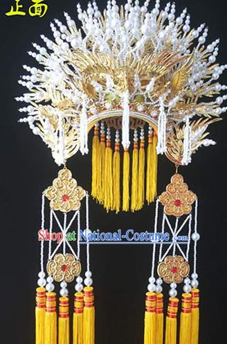 Chinese Traditional Opera Princess Pearls Phoenix Coronet Peking Opera Hua Tan Headdress Beijing Opera Empress Golden Hat