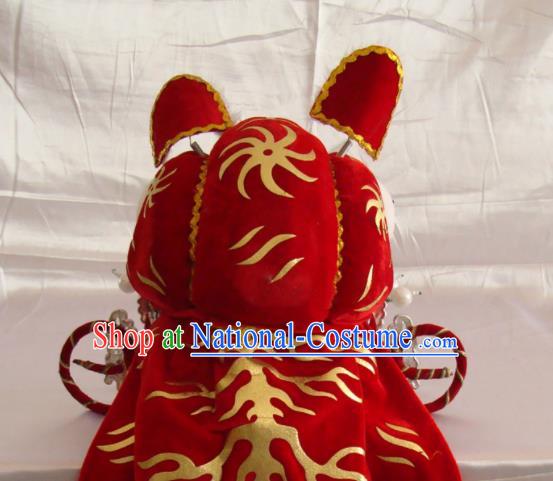 China Traditional Peking Opera Takefu Red Tiger Helmet Beijing Opera Wusheng Hat Opera Performance Warrior Headwear