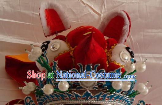 China Traditional Peking Opera Takefu Red Tiger Helmet Beijing Opera Wusheng Hat Opera Performance Warrior Headwear