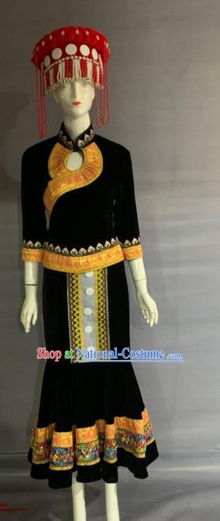 Chinese Minority Folk Dance Black Dress Uniforms Yunnan Ethnic Woman Garment Costume Lisu Nationality Dance Clothing