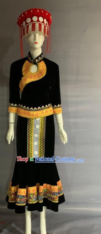 Chinese Minority Folk Dance Black Dress Uniforms Yunnan Ethnic Woman Garment Costume Lisu Nationality Dance Clothing