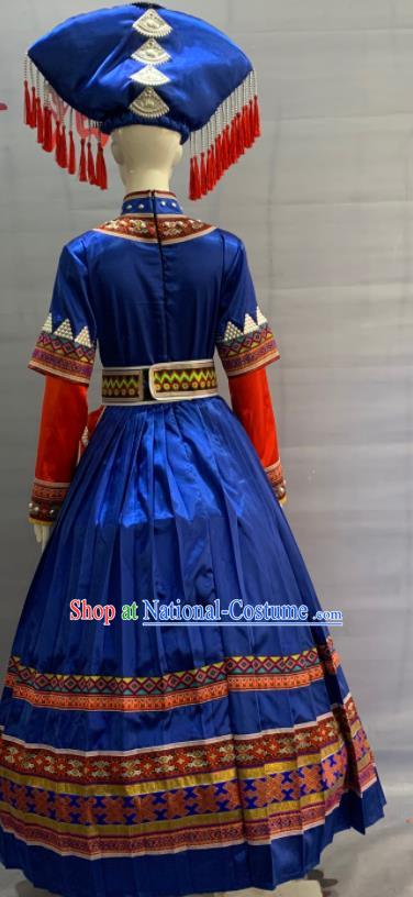 Chinese Guangxi Ethnic Bride Garment Costume Zhuang Nationality Wedding Clothing Minority Folk Dance Royalblue Dress Uniforms