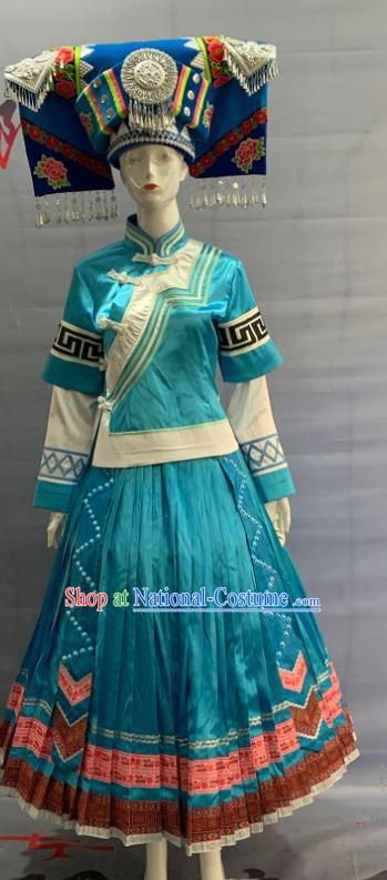 Chinese Minority Folk Dance Blue Dress Uniforms Guangxi Ethnic Bride Garment Costume Zhuang Nationality Wedding Clothing