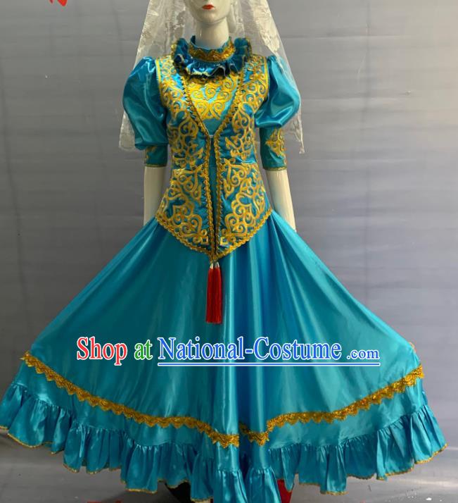 Chinese Tatar Nationality Wedding Clothing Minority Folk Dance Blue Dress Uniforms Xinjiang Ethnic Bride Garment Costume