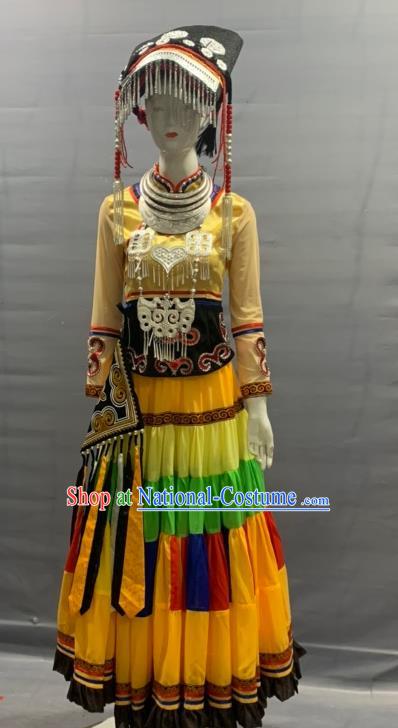 Chinese Xiangxi Ethnic Woman Garment Costume Yi Nationality Dance Dress Minority Folk Dance Clothing