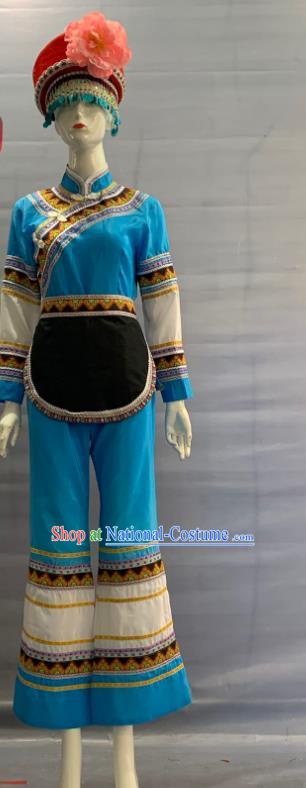 Chinese Mulao Nationality Clothing Mulam Minority Folk Dance Blue Uniforms Guangxi Ethnic Festival Garment Costume and Red Hat